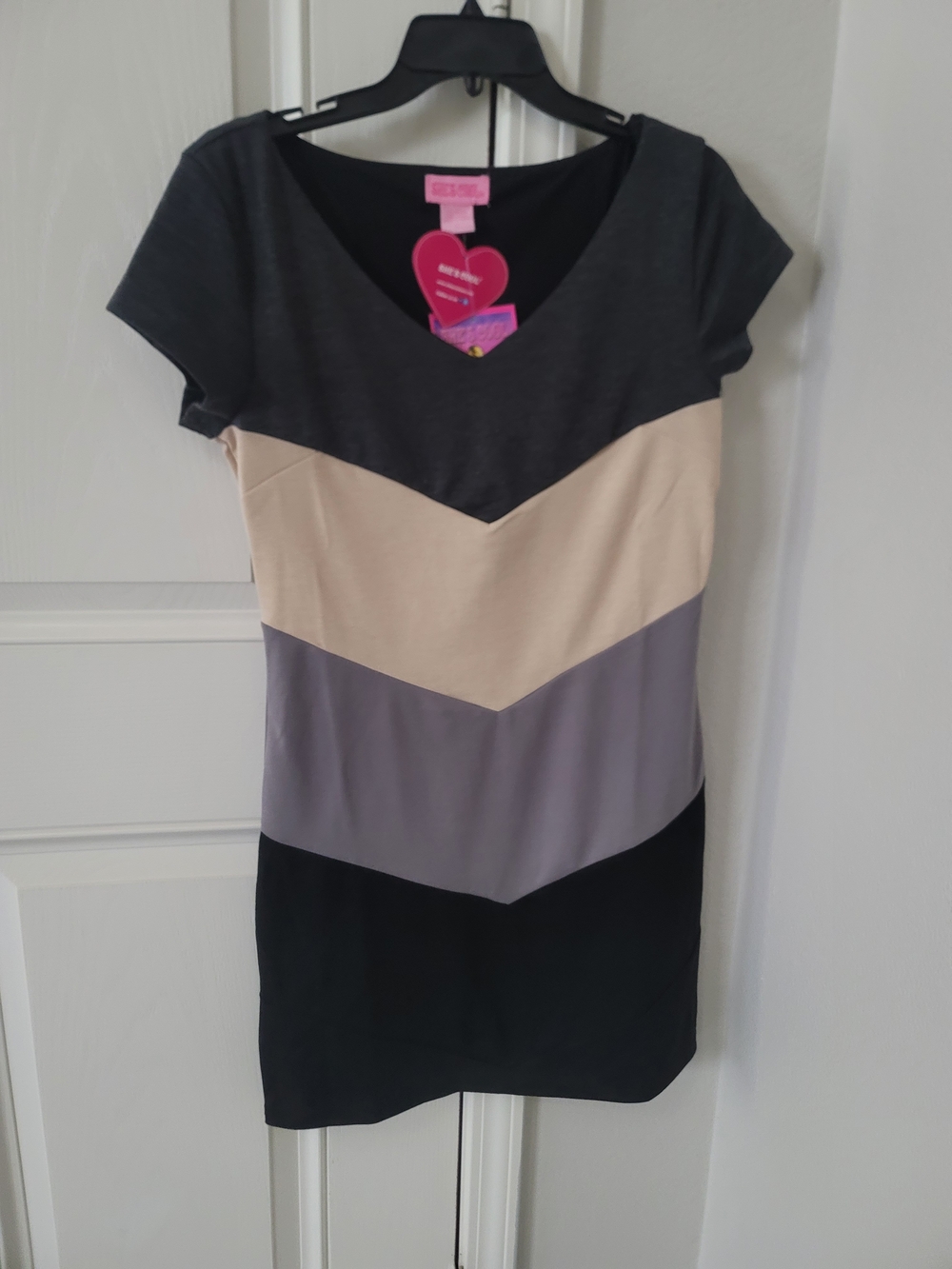 She's Cool Colorblock V-Neck Mini Dress in Charcoal, Cream & Gray